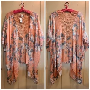 New With Tags- Cactus Moon -Coral Floral Print Kimono, Crochet Inset, One Size 